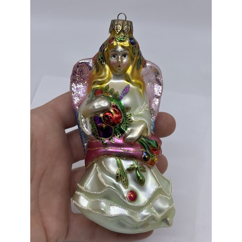 Vtg Angel Colorful Hand Blown Glass Ornament  Christmas Pink Wings